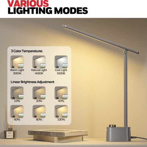 LED Desk Lamp, Foldable & Stepless Dimmable, Gray
