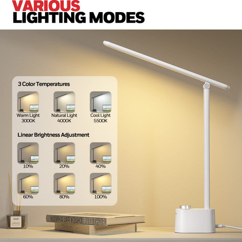 LED Desk Lamp, Foldable & Stepless Dimmable, White