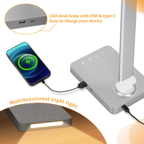 LED Desk Lamp with USB Ports,Touch Desk Lamps for Home Office with 5 Color Modes,3 Brightness Desk Light with Small Night Light,Reading Lamp Table LED Lamp for Bedroom Bedsid Study Sliver