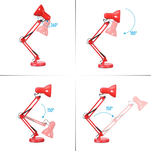 Metal Desk Lamp, Adjustable Swing Arm, E26, Red