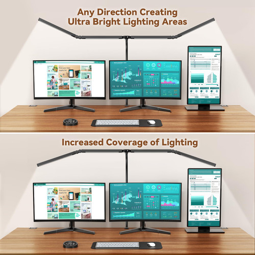 Led Desk Lamps for Home Office - Eye Caring Architect Lamp with Clamp, Double Head Computer Monitor Work Desk Light with Remote Control: 24W Flexible Dimmable Desktop Table Lamp