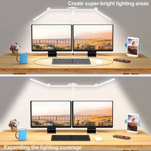 Led Desk Lamp for Home Office, White Architect Desk Lamp with Clamp for Crafting, 24W Bright Rotatable Led Table Light Stepless Dimming Tempering Wide Computer Light with Atmosphere Lighting