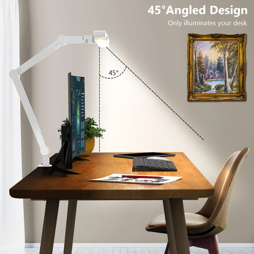 Led Desk Lamp for Home Office, White Architect Desk Lamp with Clamp for Crafting, 24W Bright Rotatable Led Table Light Stepless Dimming Tempering Wide Computer Light with Atmosphere Lighting
