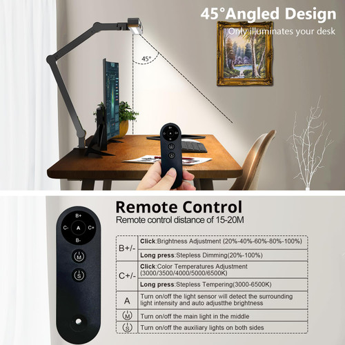 Desk Lamp with Clamp, Architect Led Desk Lamp for Home Office with Remote Control, 24W Ultra Bright Auto Dimming Computer Light Adjustable Table Light for Working Workbench (Remote)