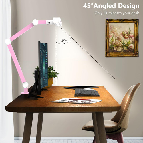 Architect Desk Lamp for Home Office, Pink Desk Lamp with Clamp for Working, 24W Bright Rotatable Led Table Light Stepless Dimming Tempering Wide Computer Light for Crafting Puzzle Hobby