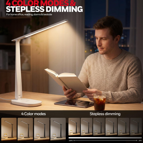 LED Desk Lamp Home Office Dimmable 4 Color Reading Light USB Port