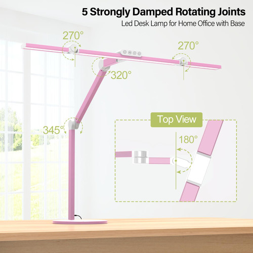 Led Desk Lamp with Base, Adjustable Tall Architect Desk Light for Home Office with Flexible Swing Arm, 24W Pink Bright Table Lamp Auto Dimming Computer Light for Workbench