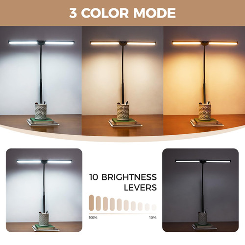 LED Desk Lamp for Home Office, Double Head Desk Light with Clamp