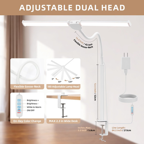 LED Desk Lamp for Home Office, Double Head Desk Light with Clamp