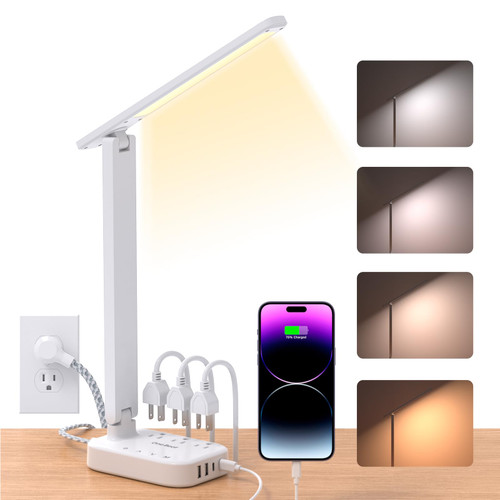 Small LED Desk Lamp Power Strip 5ft Extension Cord with 3 Outlets 4 USB Ports(2 USB C), 4 Modes, 5 Level Touch Lamp Study Reading Light, Home Office Bedroom College Dorm Room Essentials,White
