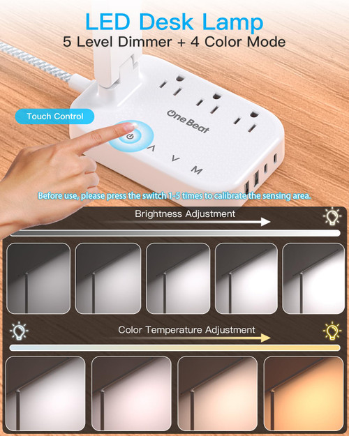 Small LED Desk Lamp Power Strip 5ft Extension Cord with 3 Outlets 4 USB Ports(2 USB C), 4 Modes, 5 Level Touch Lamp Study Reading Light, Home Office Bedroom College Dorm Room Essentials,White