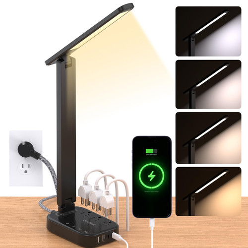 LED Desk Lamp Power Strip with 4 USB 3 Outlets, Dorm Room Essentials, Black