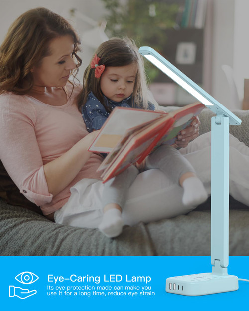 LED Desk Lamp, Power Strip with 4 USB 3 Outlets, Dorm Room Essentials, Blue
