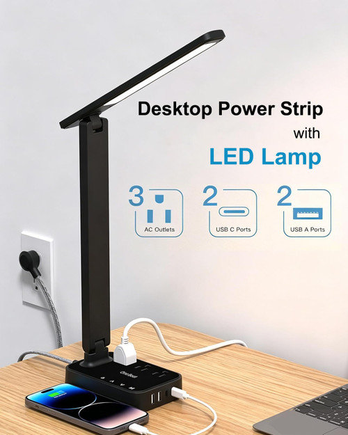 LED Desk Lamp, 10Ft Power Strip with 3 Outlets 4 USB Ports(2 USB C), Black