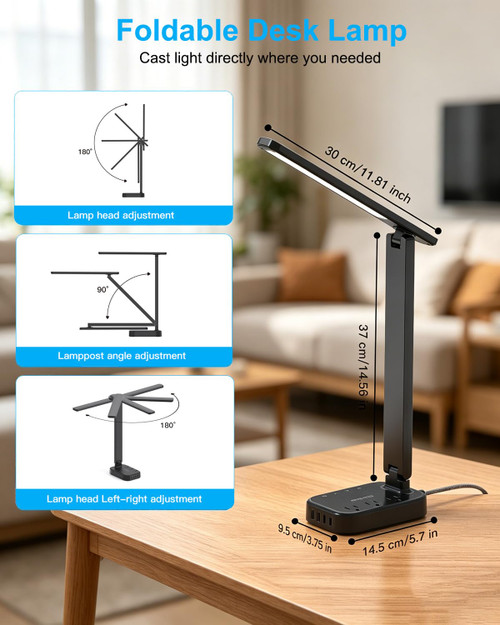LED Desk Lamp, 10Ft Power Strip with 3 Outlets 4 USB Ports(2 USB C), Black