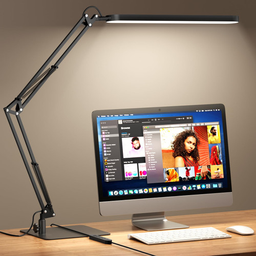 LED Desk Lamp with Slim Base - Adjustable Swing Arm Desk Light, Dimmable, Timer, Eye Protection, Memory Function, 1300LM, 12W, Black