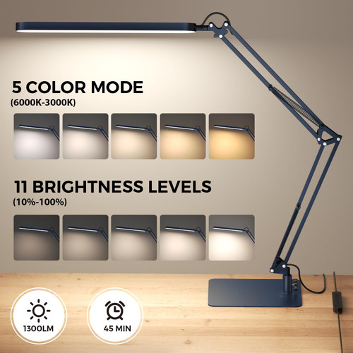 LED Desk Lamp with Slim Base - Adjustable Swing Arm Desk Light, Dimmable, Timer, Eye Protection, Memory Function, 1300LM, 12W, Blue