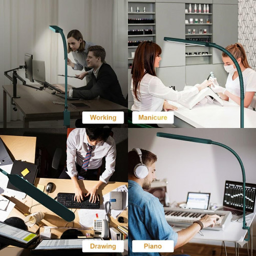 LED Desk Lamp - Desk Light for Home Office - Flexible Gooseneck - 5 Color Modes X 11 Brightness Levels - 1300LM - Timmer & Memory Function - 12W Clip on Light - Green