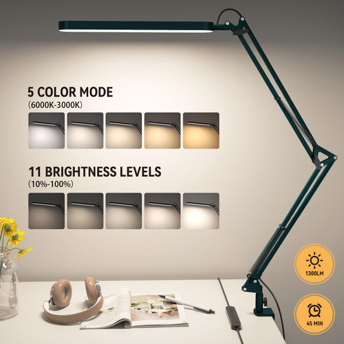 Desk Lamp - LED Desk Light - 5 Color Modes X 11 Brightness Levels - Adjustable Swing Arm - Timmer & Memory Function - 12W Lamp for Desk - Green