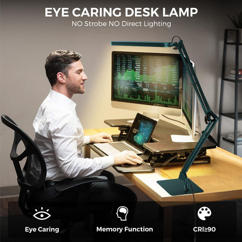 LED Desk Lamp with Slim Base - Adjustable Swing Arm Desk Light, Dimmable, Timer, Eye Protection, Memory Function, 1300LM, 12W, Green