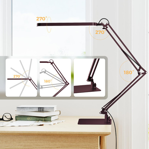 LED Desk Lamp with Slim Base - Adjustable Swing Arm Desk Light, Dimmable, Timer, Eye Protection, Memory Function, 1300LM, 12W, Red
