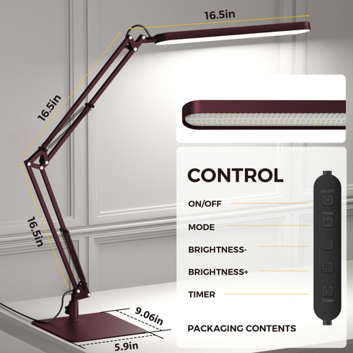 LED Desk Lamp with Slim Base - Adjustable Swing Arm Desk Light, Dimmable, Timer, Eye Protection, Memory Function, 1300LM, 12W, Red