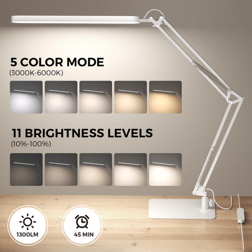 LED Desk Lamp with Slim Base - Adjustable Swing Arm Desk Light, Dimmable, Timer, Eye Protection, Memory Function, 1300LM, 12W, White