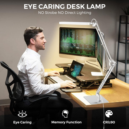 LED Desk Lamp with Slim Base - Adjustable Swing Arm Desk Light, Dimmable, Timer, Eye Protection, Memory Function, 1300LM, 12W, White