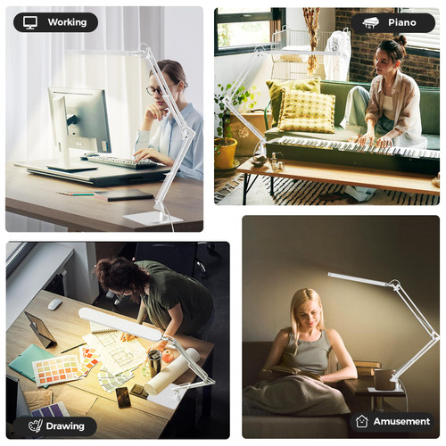 LED Desk Lamp with Slim Base - Adjustable Swing Arm Desk Light, Dimmable, Timer, Eye Protection, Memory Function, 1300LM, 12W, White