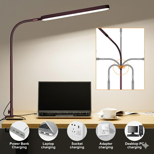 LED Desk Lamp - Desk Light for Home Office - Flexible Gooseneck - 5 Color Modes X 11 Brightness Levels - 1300LM - Timmer & Memory Function - 12W Clip on Light - Red