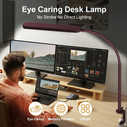 LED Desk Lamp - Desk Light for Home Office - Flexible Gooseneck - 5 Color Modes X 11 Brightness Levels - 1300LM - Timmer & Memory Function - 12W Clip on Light - Red