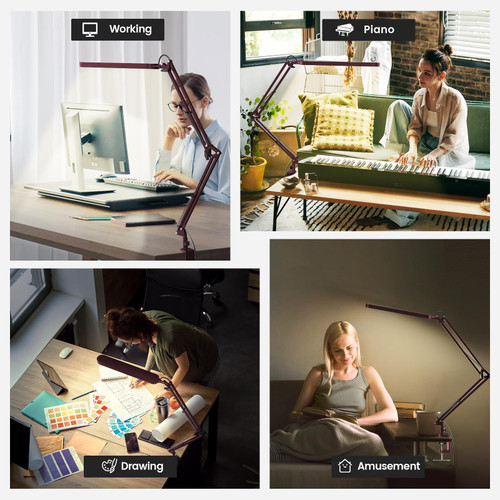 Desk Lamp - LED Desk Light - 5 Color Modes X 11 Brightness Levels - Adjustable Swing Arm - Timmer & Memory Function - 12W Lamp for Desk - Red
