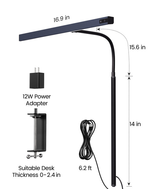 LED Desk Lamp for Office Home, Eye-Caring Desk Light with Adjustable Gooseneck, 12W Touch Control Dimmable Brightness, Architect Clamp Lamp with USB Adapter, Grey