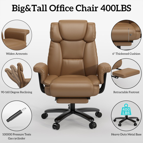 160 Reclining Office Chair with Footrest, Big & Tall Desk Chair, Brown