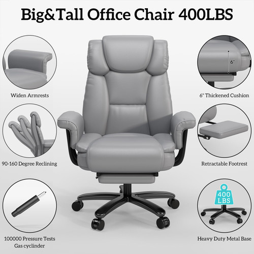 160 Reclining Office Chair with Footrest, Big & Tall Desk Chair, Grey