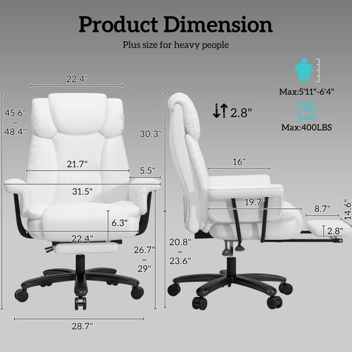 160 Reclining Office Chair with Footrest, Big & Tall Desk Chair, White