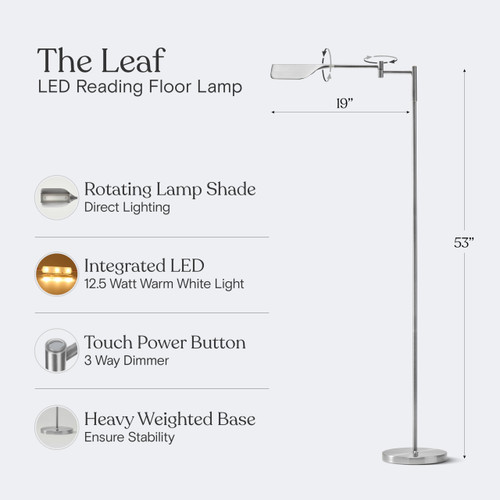 Leaf Pharmacy LED Reading Lamp, Dimmable Floor Lamp with Easy Adjustable Rotation Over Chair or Desk for Living Room, Work Light for Office, Modern Minimalist Home Decor - Platinum Silver