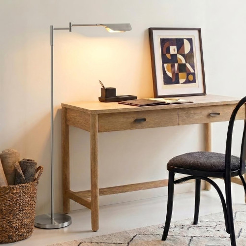 Leaf Pharmacy LED Reading Lamp, Dimmable Floor Lamp with Easy Adjustable Rotation Over Chair or Desk for Living Room, Work Light for Office, Modern Minimalist Home Decor - Platinum Silver