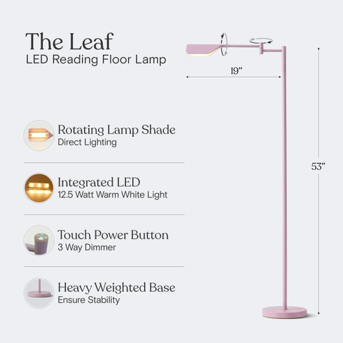 Leaf Pharmacy LED Reading Lamp, Dimmable Floor Lamp with Easy Rotation Over Chair or Desk for Living Rooms & Offices, Adjustable Standing Tall Lamp, for Sewing & Crafts - Matte Pink