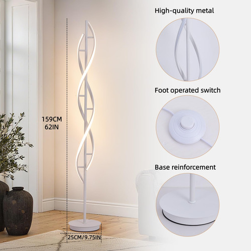 Modern Spiral Floor Lamp 62" Tall, Dimmable LED Corner Light with Remote & 3 Color Temperatures, White Standing Lamp for Bedroom Office Living Room