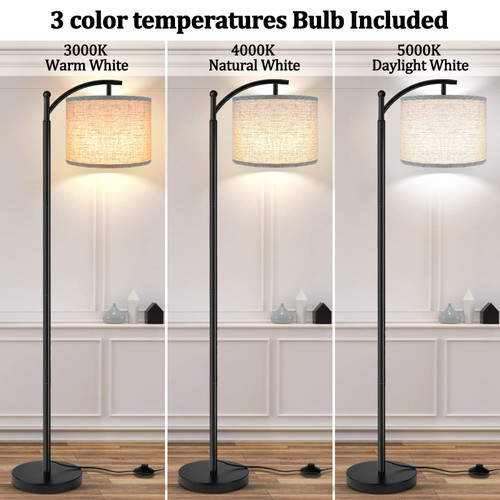 Floor Lamp for Living Room with 3 Color Temperatures LED Bulb, Standing Lamp Tall Industrial Floor Lamp Reading for Bedroom, Office (9W LED Bulb, Beige Lampshade Included) -Black