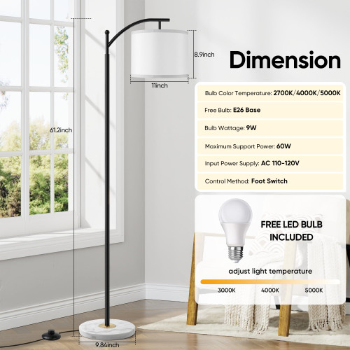 Floor Lamp for Living Room with Marble Base, Modern Standing Lamp with 3 Color Temperatures Bulb & Adjustable Linen Shade, Tall Lamp for Bedroom Office Reading Nursery