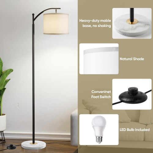 Floor Lamp for Living Room with Marble Base, Modern Standing Lamp with 3 Color Temperatures Bulb & Adjustable Linen Shade, Tall Lamp for Bedroom Office Reading Nursery