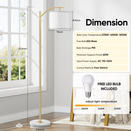 Gold Floor Lamp for Living Room with Marble Base, Modern Standing Lamp with 3 Color Temperatures Bulb & Adjustable Linen Shade, Tall Lamp for Bedroom Office Reading Nursery