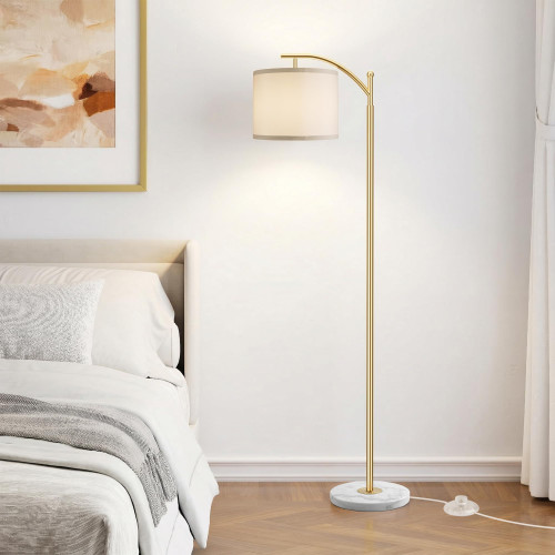 Gold Floor Lamp for Living Room with Marble Base, Modern Standing Lamp with 3 Color Temperatures Bulb & Adjustable Linen Shade, Tall Lamp for Bedroom Office Reading Nursery
