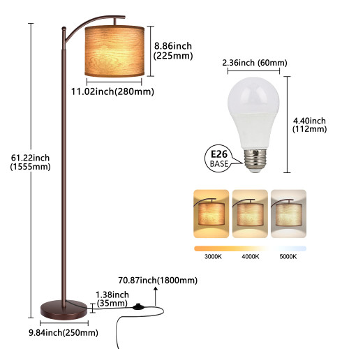 Floor Lamp for Living Room, LED Standing Lamp Tall Industrial Floor Lamp Reading for Bedroom, Office (9W LED Bulb, Wood Grain Lampshade Included) - Oil-Rubbed Bronze