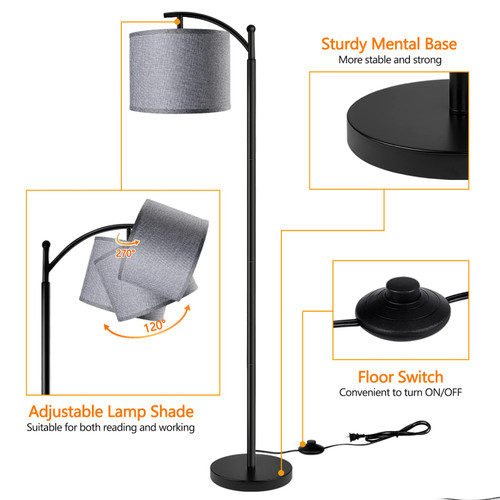 Floor Lamp with 3CCT LED Bulb, Gray Linen Lamp Shade for Living Room, Modern Standing Lamp for Bedrooms - Black