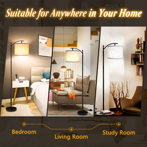 Floor Lamp with 3CCT LED Bulb, Gray Linen Lamp Shade for Living Room, Modern Standing Lamp for Bedrooms - Black