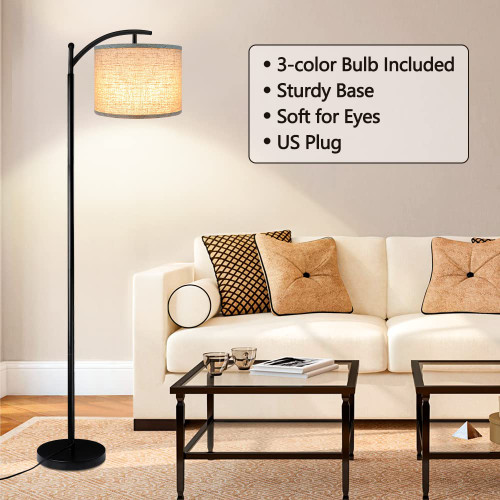 Floor Lamp with 3CCT LED Bulb, Gray Linen Lamp Shade for Living Room, Modern Standing Lamp for Bedrooms - Black