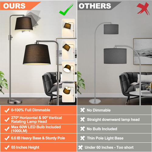 【Upgraded】 Dimmable Floor Lamp, 1000 Lumens LED Edison Bulb Included, Brushed Nickel Arc Floor Lamps Modern Standing Lamp with Black Shade, Tall Lamps for Living Room Bedroom